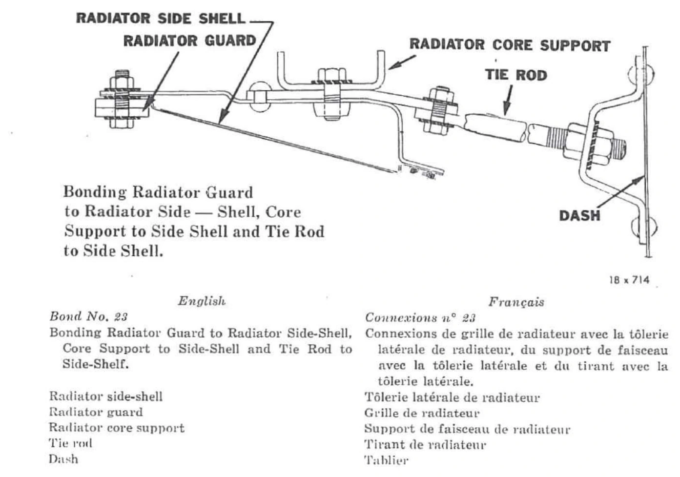 Connexion n° 23 — Connexions de grille de radiateur avec la tôlerie latérale de radiateur, du support de faisceau avec la tôlerie latérale et du tirant avec la tôlerie latérale.